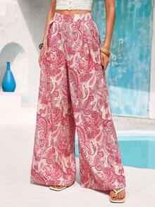 Vivid Eden Women's High Waist Wide Leg Palazzo Pants,Pastel Pink Paisley Print Loose Fit Trousers,Flowy Lightweight Bohemian Vacation Holiday,Boho,Autumn Beach - Hot Pink - View 6