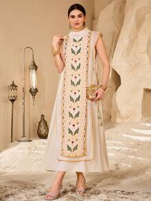 Al Najma 女士印花立领短袖优雅阿拉伯风格连衣裙 - 杏色 - 查看 1