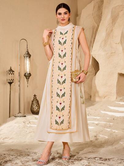 Al Najma 女士印花立领短袖优雅阿拉伯风格连衣裙