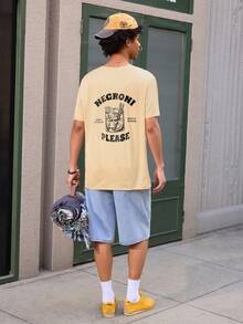 Open Phase 男士休闲圆领短袖字母印花T恤，夏季 - 杏色 - 查看 8