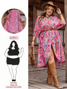 SHEIN CURVE+ Curve Size US22Music Festival, Seaside Vacation, Bohemia Women Floral Print 3/4 Sleeve Loose Kimono Robe Vacation Outfits Women Curve - Hot Pink - View 2