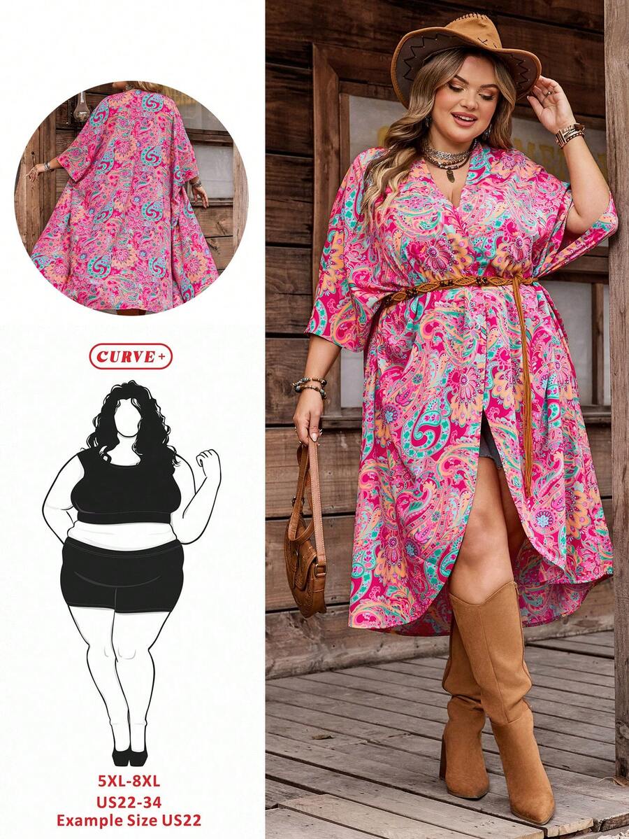 SHEIN CURVE+ Curve Size US22Music Festival, Seaside Vacation, Bohemia Women Floral Print 3/4 Sleeve Loose Kimono Robe Vacation Outfits Women Curve