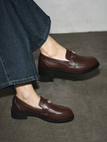 復古風格山茶花棕色柔軟皮革滑步便鞋 2024新款 圓頭厚底英式小皮鞋 - 棕色 - 查看 7