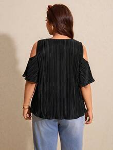Elaquor 大码女式露肩短袖褶皱黑色衬衫 - 黑色 - 查看 2