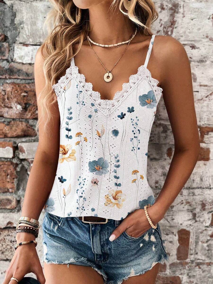 EMERY ROSE Women Elegant Textured Floral & Gray Print Lace Trim Camisole Top - Multicolor - View 1