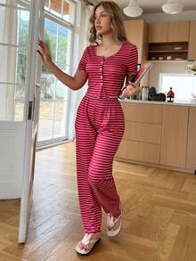 SHEIN Women's Slim-Fit Button-Up Red Striped Print Pajama Set - Burgundy - View 3
