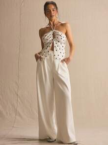 MUSERA Polka Dot Lace Trim Cut Out Halterneck Top Spring Summer Cosy Cute Daily Girly Vacation Sunlight Social - White - View 5