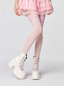 ROMWE Kawaii 女士高跟凉鞋~ 2026 新款春秋朋克风白色 PU 圆头女鞋粗跟防水桌高跟鞋爱心交叉带时尚靴 - 白色 - 查看 3