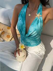 Aloruh Blusa de verano con estampado total, escote halter y espalda descubierta para mujer - Azul - Ver 8