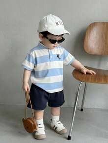Souflis Souflis 2pcs/Set Baby Boy Elegant Minimalist Mandarin Collar Short Sleeve T-Shirt And Contrast Color Pants Outfit, Suitable For Summer - Blue and White - View 1