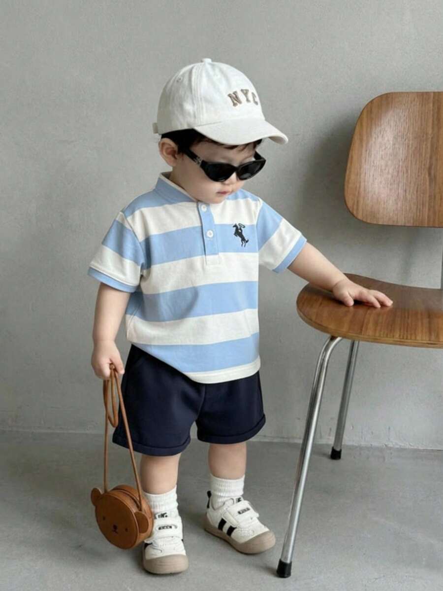 Souflis Souflis 2pcs/Set Baby Boy Elegant Minimalist Mandarin Collar Short Sleeve T-Shirt And Contrast Color Pants Outfit, Suitable For Summer - Blue and White - View 1