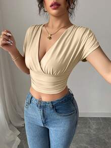 Elenzga 女士休闲V领收腰T恤 - 卡其色 - 查看 3