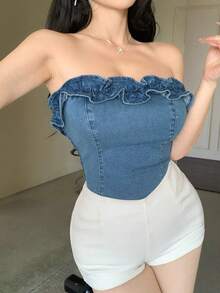 DAZY Áo ống denim nữ kiểu dáng thường ngày với viền bèo nhún, thích hợp cho mùa hè. - Màu xanh lam - Xem 1