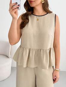 Shapeblank 大码女装春夏时尚休闲宽松舒适清爽日常百搭显瘦杏色荷叶边上衣搭配卡其色阔腿裤两件套，夏季服装，度假装，裤装套装，简约风格 - 杏色 - 查看 4