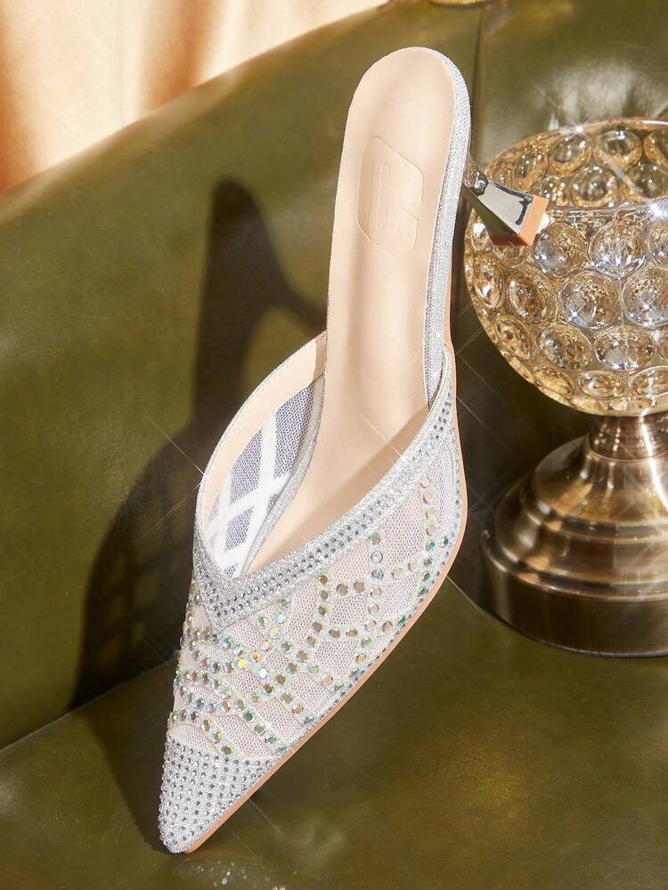 CUCCOO TILAWA Women Shoes Women's Fashion Pointed Silver Rhinestone Mesh Splicing Fashion Party Dinner Gorgeous Sexy Kitten Heel Women's High Heel Shoes Mule Shoes Empty Shoes