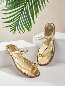 SHUZIA Sandal nữ màu vàng ánh kim bằng chất liệu PU, kiểu dáng đế bằng, chống trượt, thoải mái, hở mũi, thời trang, thích hợp cho mùa xuân hè, đi nghỉ mát, đi biển. - Vàng - Xem 7