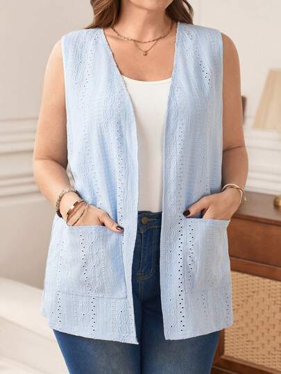 EMERY ROSE Plus Size Summer Casual Solid Color Textured Sleeveless Jacket