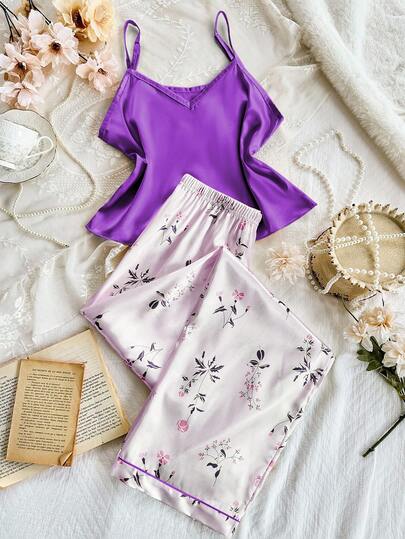 CottageSlumber Conjunto de pijama para mujer con top de camiseta de seda sintética de unicolor y pantalones estampados