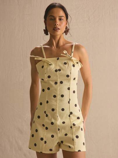 MUSERA Polka Dot Bow Detail Denim Playsuit Spring Summer Cosy Cute Daily Girly Vacation Sunlight Social