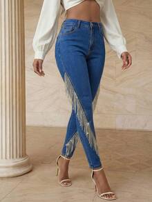 Playroots 女士时尚魅力性感水钻钻石链条浪漫派对蓝色弹力紧身牛仔裤 - 藍色 - 查看 1