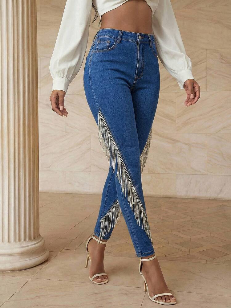 Women's Fashionable Glamorous Sexy Rhinestone Diamond Chain Romantic Party Blue Elastic Skinny Jeans Bling Jeans Jeans With Fringe