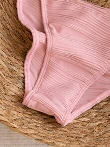 Swim Mod Bộ bikini 2 mảnh màu hồng, dây mảnh, kiểu cổ yếm, họa tiết gợn sóng hai bên, cạp cao, dành cho nữ, thích hợp cho mùa Xuân/Hè 2025. - Hồng - Xem 4