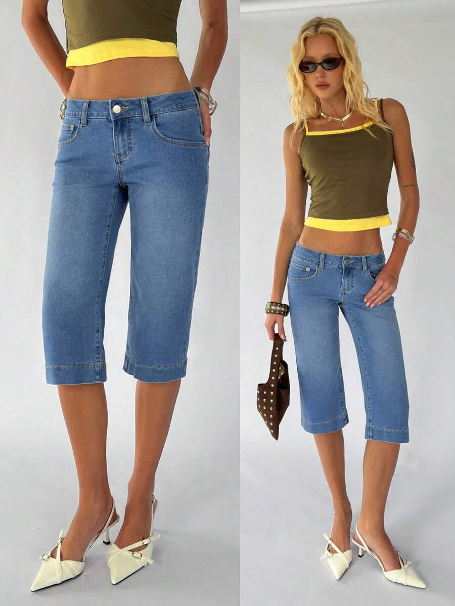 TRNVIE Fashionable Casual Wide Leg Opening Slit Low Waist 7/8 Length Jeans - Medium Wash - View 1