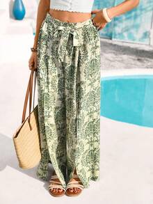 Green Slit Tie-Up Wide Leg Pants, Vacation, Casual Vacation, Summer Wide Leg Trousers Womens Pants Printed Trousers - Green - View 6