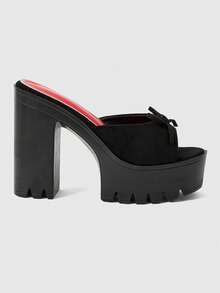 ROMWE Giày sandal cao gót hở mũi thời trang nữ, kiểu punk gothic thanh lịch với nơ đen và đỏ gợi cảm, thiết kế dải đệm chân, đế dày, gót dày, thích hợp cho mùa xuân hè, tiệc tùng, lễ hội. - màu đen - Xem 2