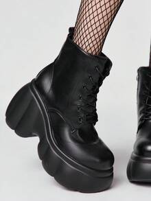 ROMWE Women Heeled Sandals~ 2026 New Fashion Autumn And Winter Punk Style Dark PU Round Toe High-Heeled Wedge Heel Thick-Soled Lace-Up Boots Small Ankle Boots - Black - View 4