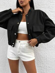 EURMUSE Women's Short Woolen Baseball Collar Jacket - Black - View 1