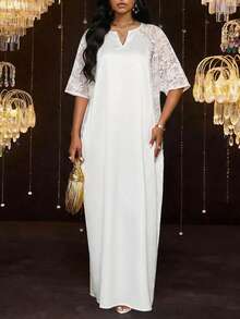 SHEIN Lady Women's Contrast Lace Raglan Sleeve Dress, Elegant - Red - View 7