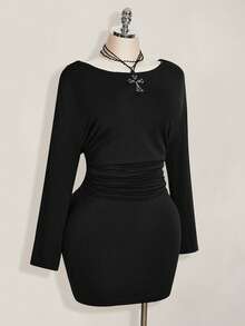 SHEIN ICON Đầm dự tiệc cocktail thanh lịch, màu trơn, xếp ly, hở lưng dành cho nữ cỡ lớn, thắt eo. - màu đen - Xem 2