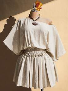 SHEIN ICON Đầm nữ cỡ lớn kiểu dáng thường ngày cổ lệch, xếp ly, màu mơ. - Màu be - Xem 3
