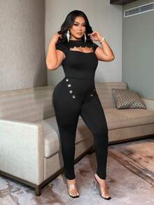 NU&NOW Sexy Hollow Out Design Peep Toe Splice Black Plus Size Jumpsuit - Black - View 3
