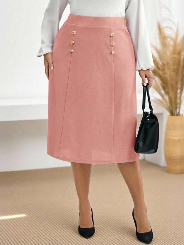 Plus Size Black Elegant Button Up Fitted Elegant Street Style Fall Clothes Fall Skirt
