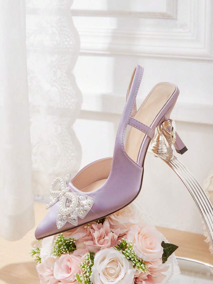 CUCCOO HITCHD Women's Pointed Toe High Heel Shoes With Pearl & Rhinestone Bow Accent, Lavender Satin, Elegant Bridal, Bridesmaid, Wedding Guest Pumps