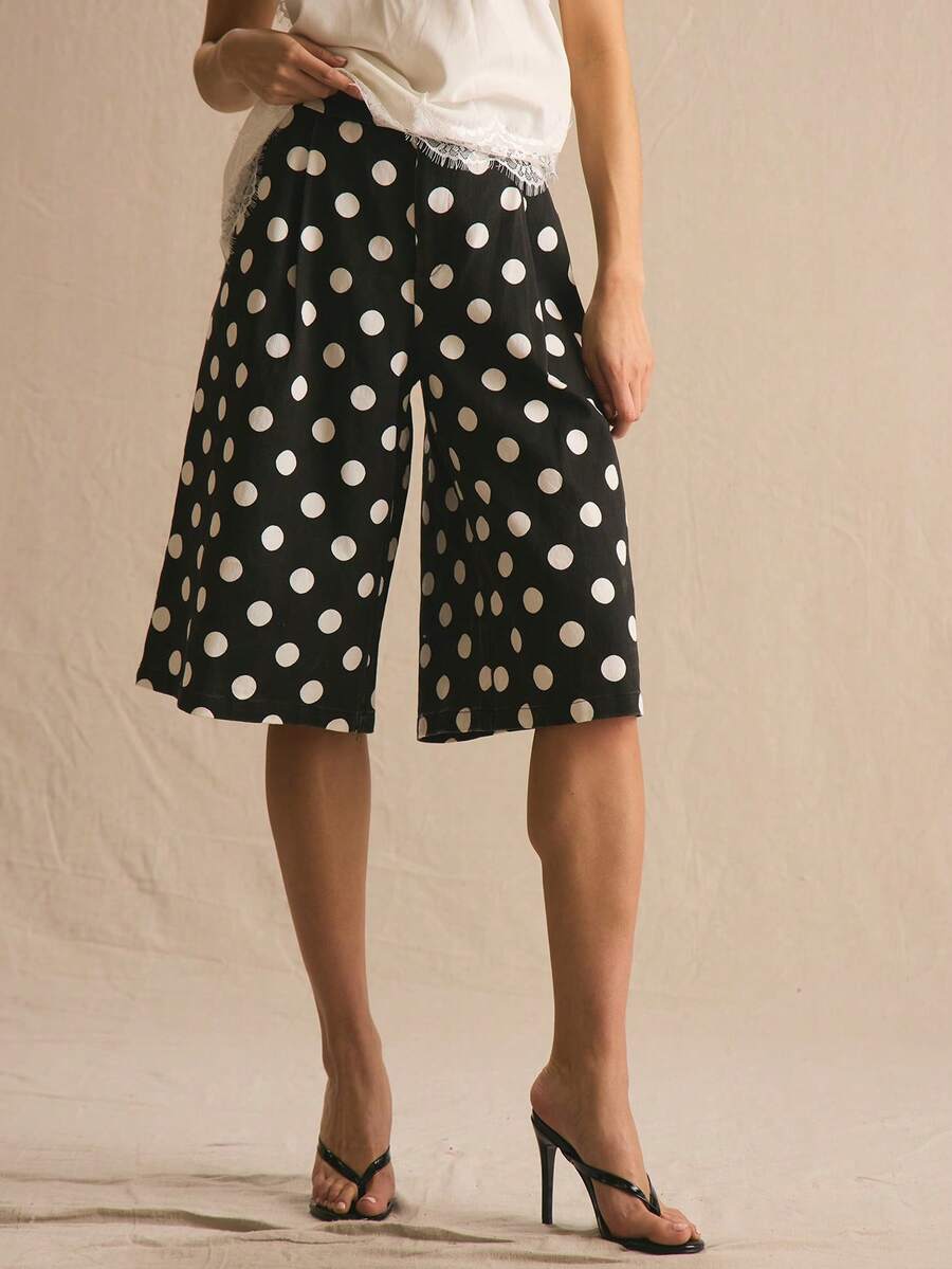 MUSERA 长款波点百慕大短裤，春夏舒适可爱日常少女度假春季穿搭休闲复活节 Casa De Muse - 黑與白 - 查看 1