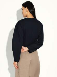 KSTM Women's Black Button Front Cropped Cocoon Jacket Long Sleeve Casual Office Blazer Fall Winter Outerwear - Navy Blue - View 2