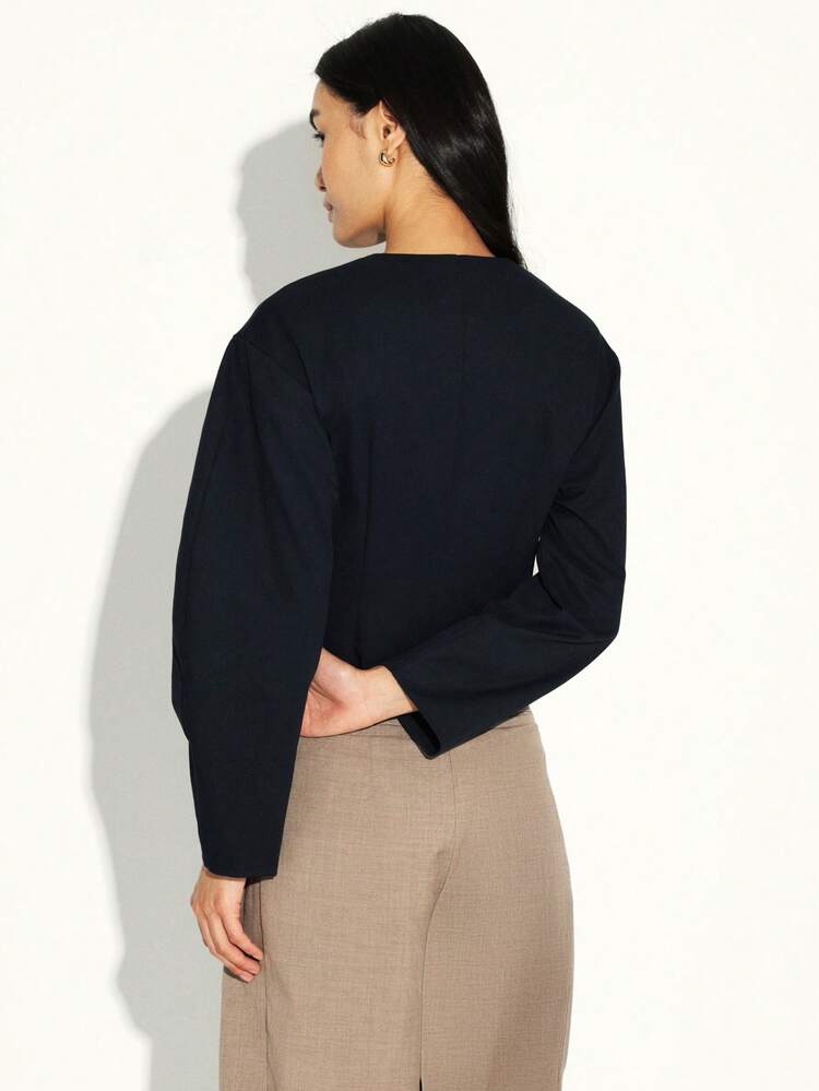 KSTM Damen schwarze Knopfverschluss Crop Cocoon Jacke mit Langarm, lässiger Büro-Blazer für Herbst und Winter