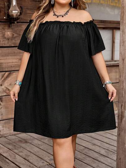 SHEIN CURVE+ Curve Size US22Music Festival, Seaside Vacation, Bohemia Women's Summer Fashion Casual Loose Comfortable Breathable Versatile Off-Shoulder Exposed Shoulder Black Mini Skirt, Suitable For Daily Wear, Vacation, Ibiza, European Summer, Afternoon Tea Party, Beach Outfit, Brunch, Etc.