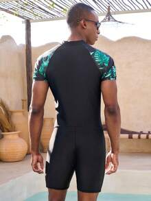 Manfinity VDAYZ Men's Summer Matching Couple Men Vacation Beach Leaf Print Raglan Sleeve One-Piece Swimsuit - Black - View 6