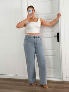 EURMUSE Plus High Waist Belt Detailed Straight Jean - Light Wash - View 6