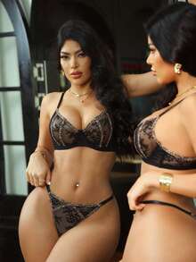 2pcs Women's Leopard Print Lace Patchwork Underwire Bra Set - Black - View 1