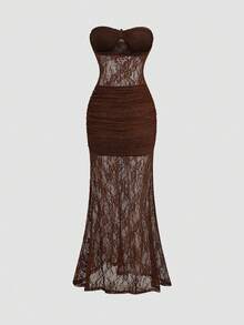 Sweetra Đầm maxi thanh lịch kiểu Y2K với ren, cúp ngực xếp ly và khóa kim loại, thích hợp cho kỳ nghỉ. - Cà phê - Xem 2