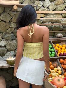 Aloruh Blusa de cuello halter amarillo sólido con ribete de encaje para mujer, adecuada para salidas, vacaciones, playa - Amarillo - Ver 2
