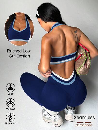Dewbera Conjunto de Roupa Casual Esportiva com Top Halter Neck Retalhos e Legging Skinny para Mulheres