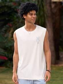 Open Phase 男士休闲无袖棕榈树和字母印花圆领背心 - 白色 - 查看 4