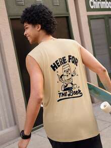 Open Phase 休闲街头风格 | 男士夏季无袖背心 | 卡通啤酒罐印花和“来喝啤酒”字样 - 杏色 - 查看 1