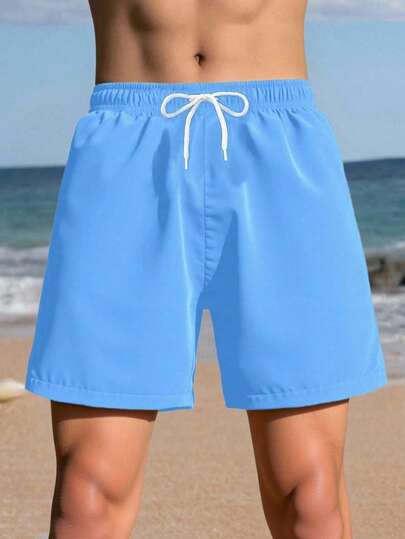 SHEIN Teen Boy Drawstring Waist Solid Color Loose Fit Wide Leg Swim Shorts, Men Light Blue Swim Trunks Men Swim Trunks Boys Light Blue Swim Trunks